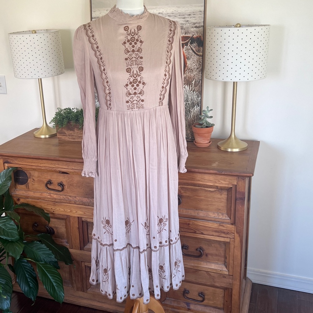 Roolee In Loom Tan Embroidered Boho Peasant Midi Dress M L - Picture 10 of 14